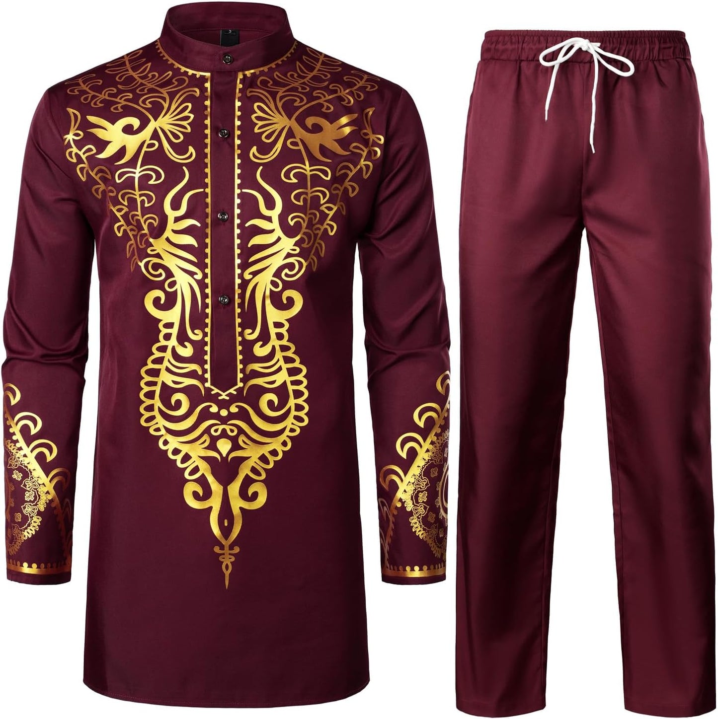 ZEROYAA Men's Africa Suit Long Sleeve Print Dashiki Outfit Set