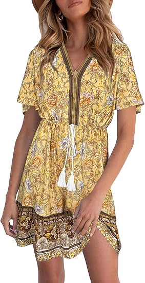 LEANI Womens Summer V Neck Bohemian Floral Print Mini Dress
