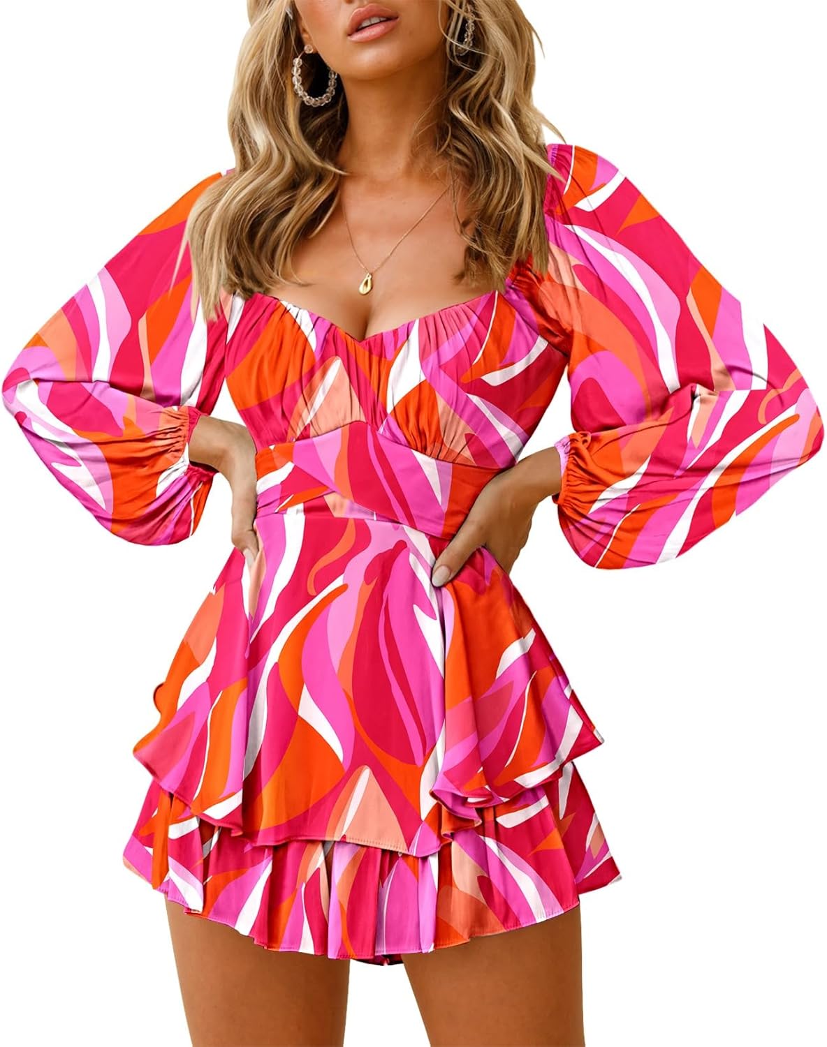 Off Shoulder Lantern Long Sleeve Ruffle Mini Jumpsuit for Women