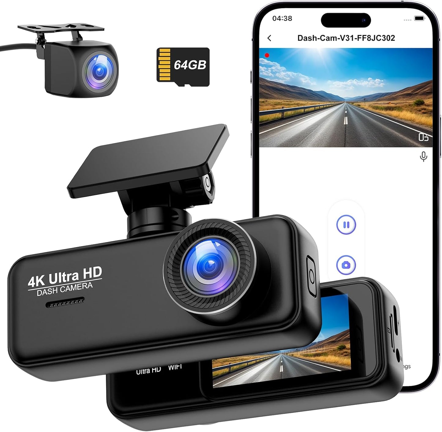 Penemay Dual Lens Dashcam: 4K+1080P Clarity, App Connectivity