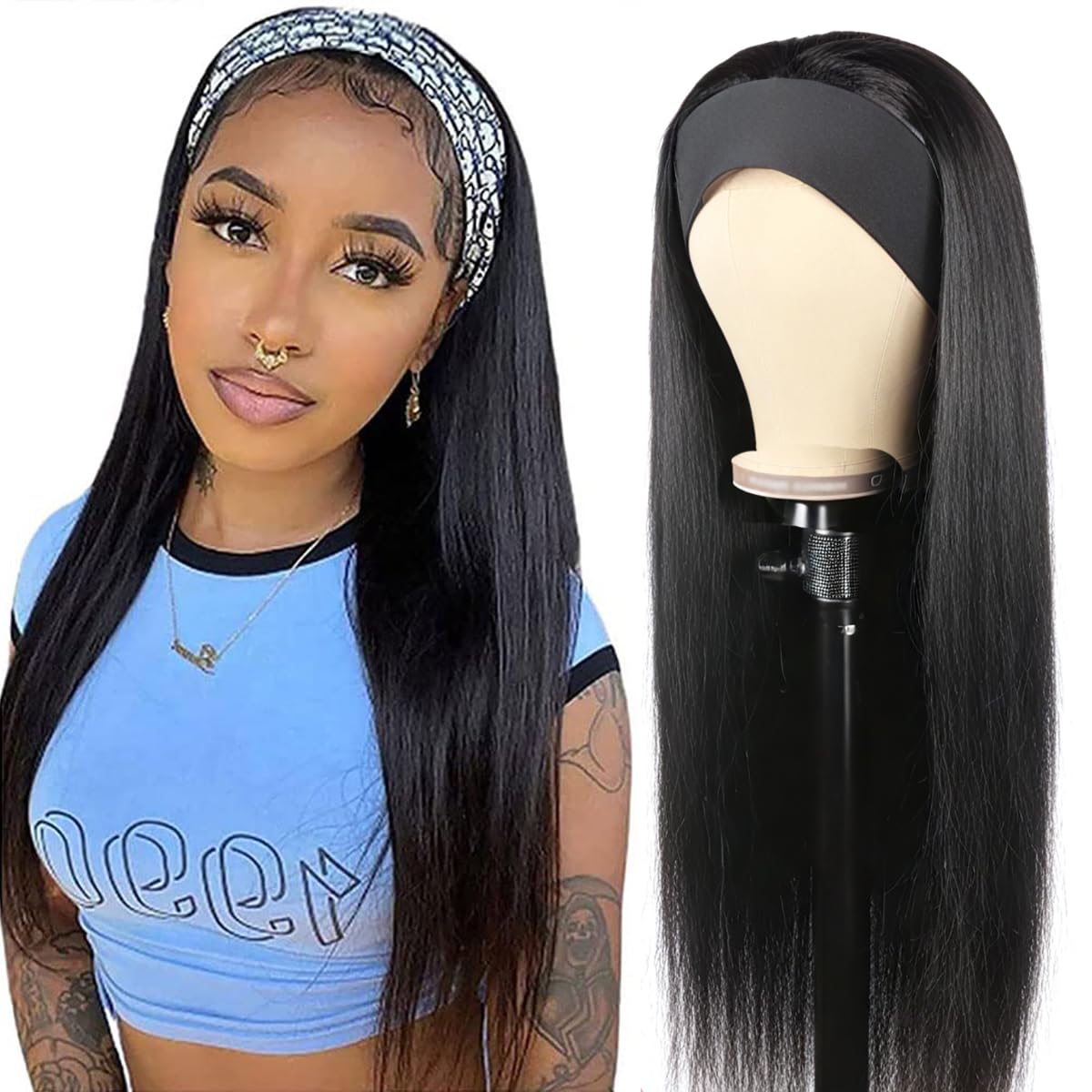 Straight Headband Wig Human Hair for Black Women - 22 Inch