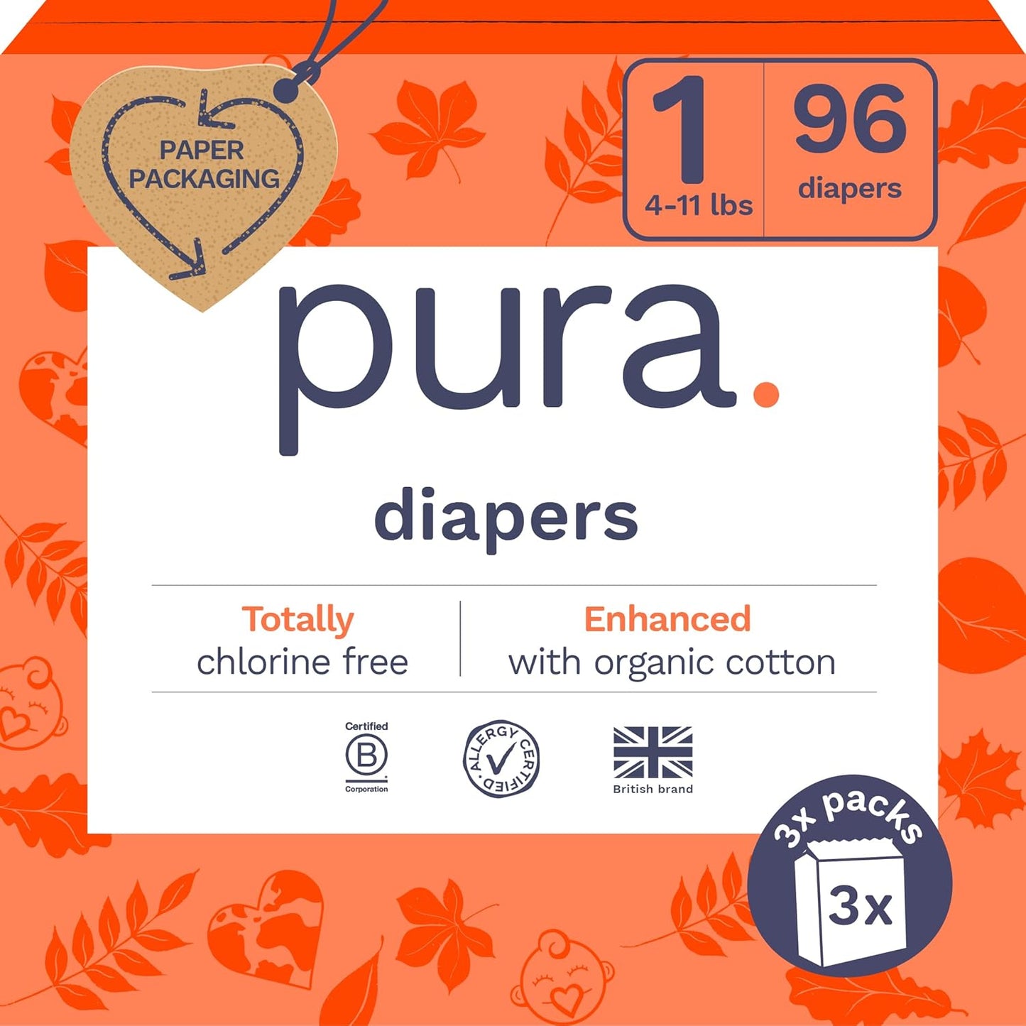 Pura Hypoallergenic Diapers for Newborns, Size 1, 96 Count