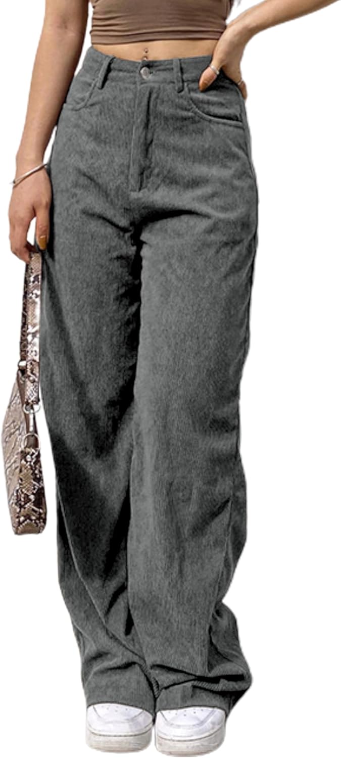 Vintage Corduroy High Elastic Waist Wide Leg Pants for Women