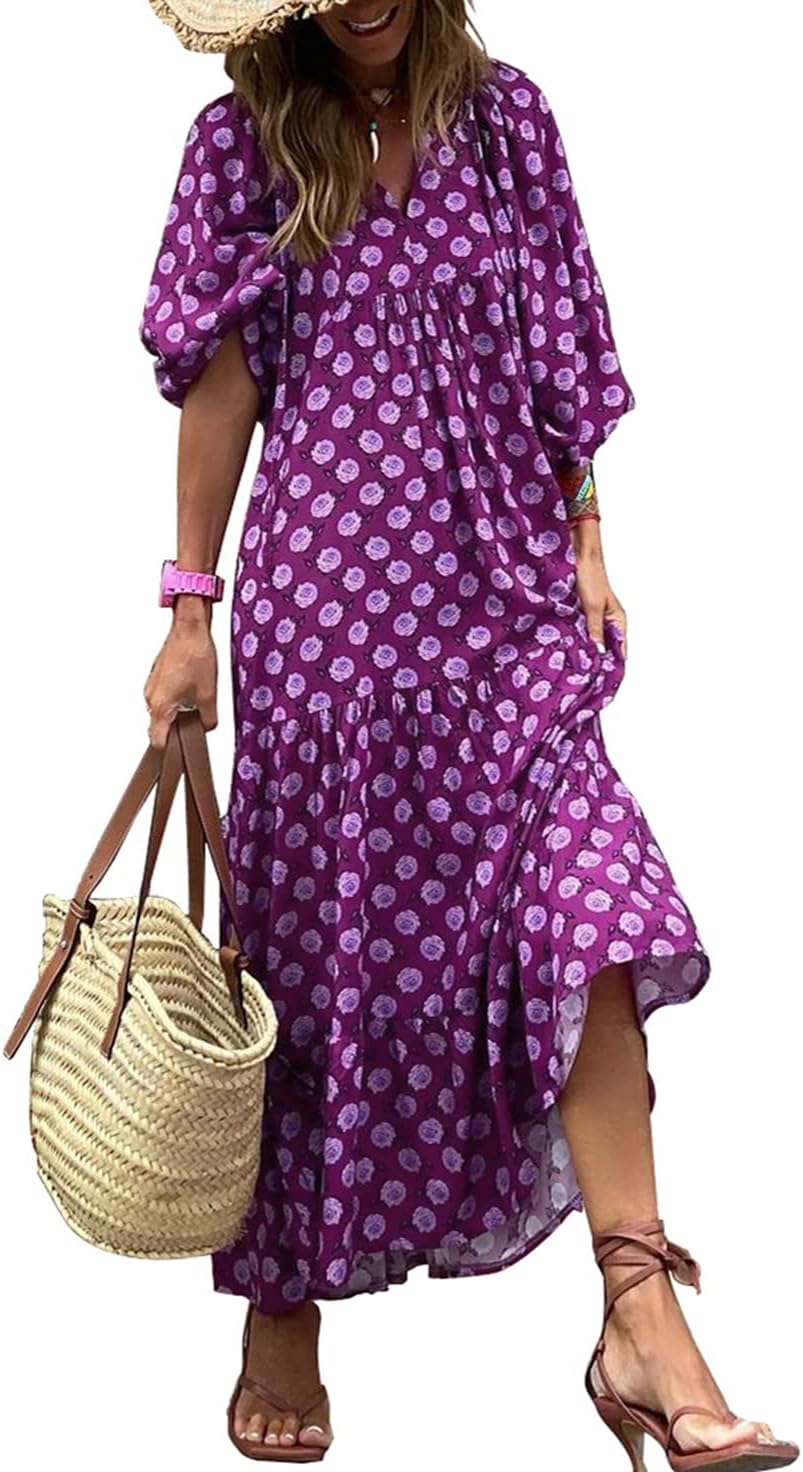 Miduo Womens Casual Summer V Neck Bohemian Maxi Long Dress