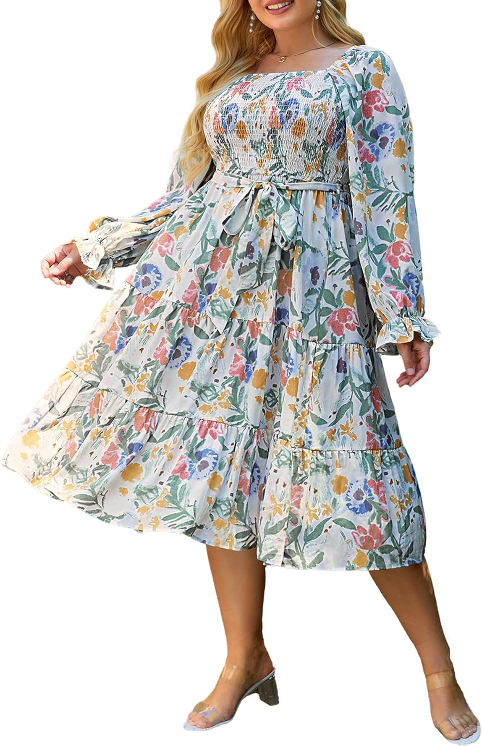 Amegoya Women's Boho Flowy Long Sleeve Midi Dress for Weddings