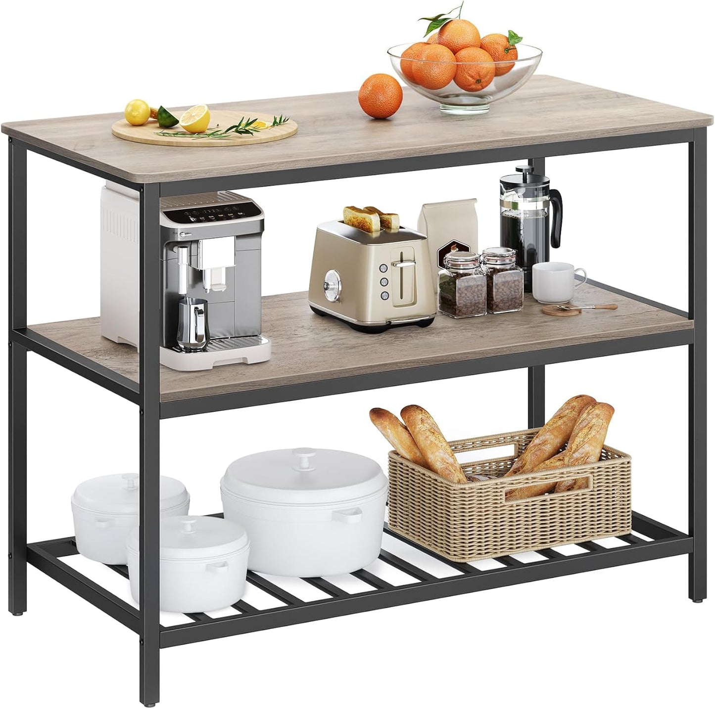 VASAGLE Kitchen Island with 3 Shelves and Large Worktop