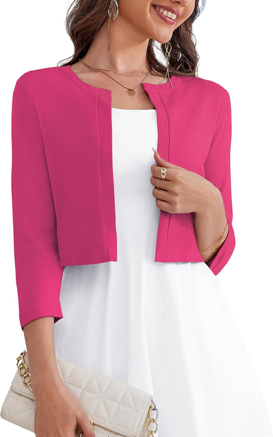 OmicGot Women's 3/4 Sleeve Open Front Knit Cropped Cardigan