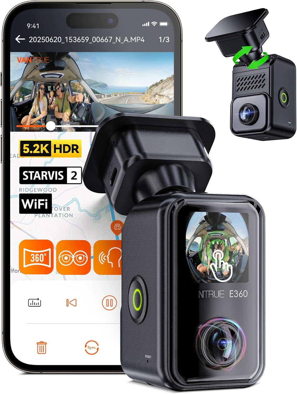 Vantrue E360 Dash Cam 360 Degrees with Dual STARVIS 2ft