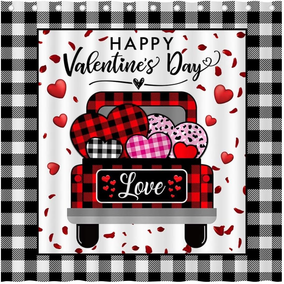 Farmhouse Love Truck Plaid Shower Curtain - Waterproof Fabric - Valentine's Day Home Decor