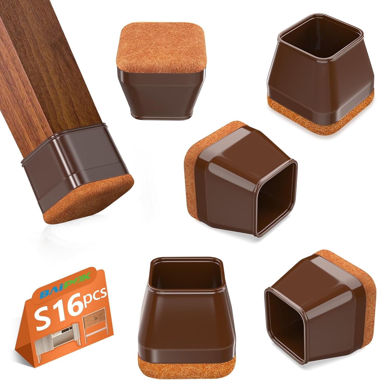 BAIPOK Square Chair Leg Protectors | Reduce Noise & Protect Floors | Brown (S) | 16Pcs