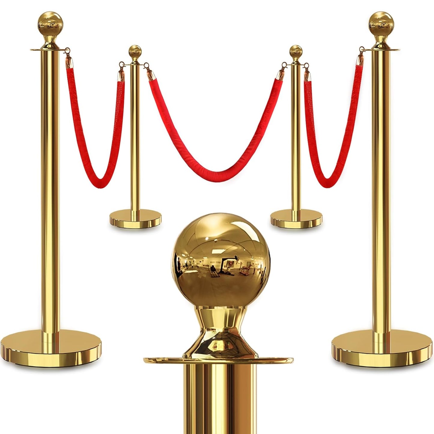 4PCS Gold Stanchions with Red Velvet Rope Set for Crowd Control