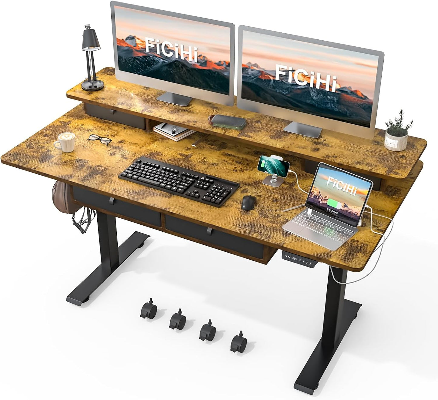 Electric Standing Desk with 4 Drawers, Wheels & Memory Presets