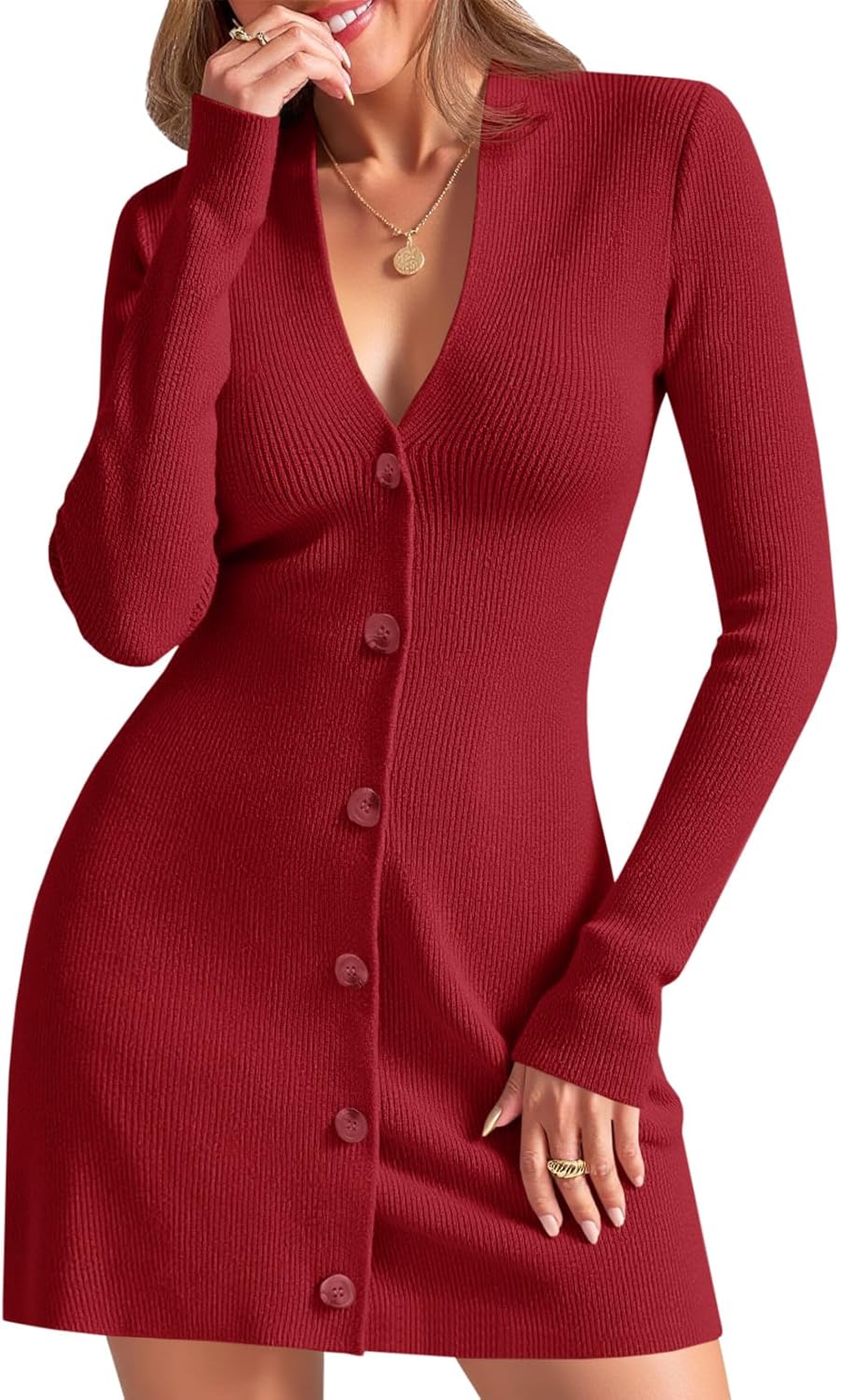 Wenrine Womens Deep V Neck Sweater Dress for Stylish Fall Looks