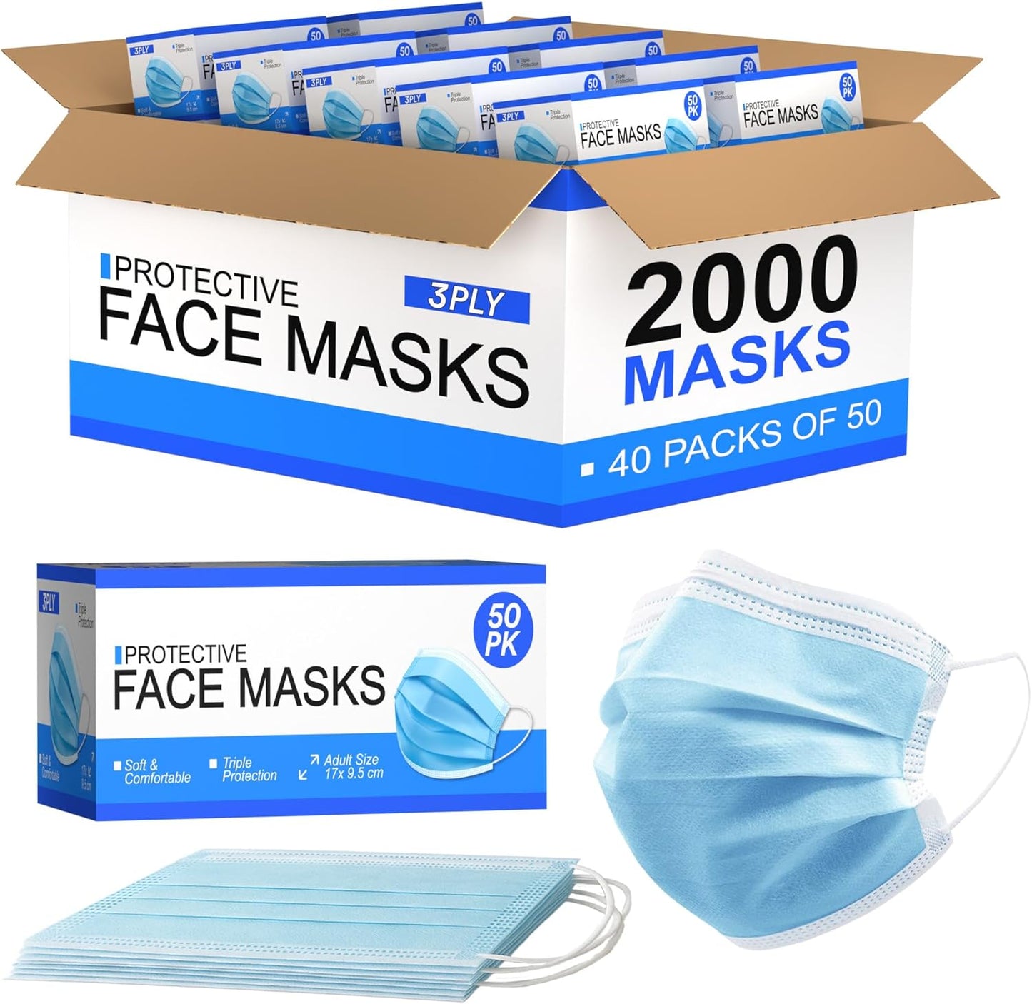 Fuye Blue Disposable Face Masks - 3-Ply Protective Coverings