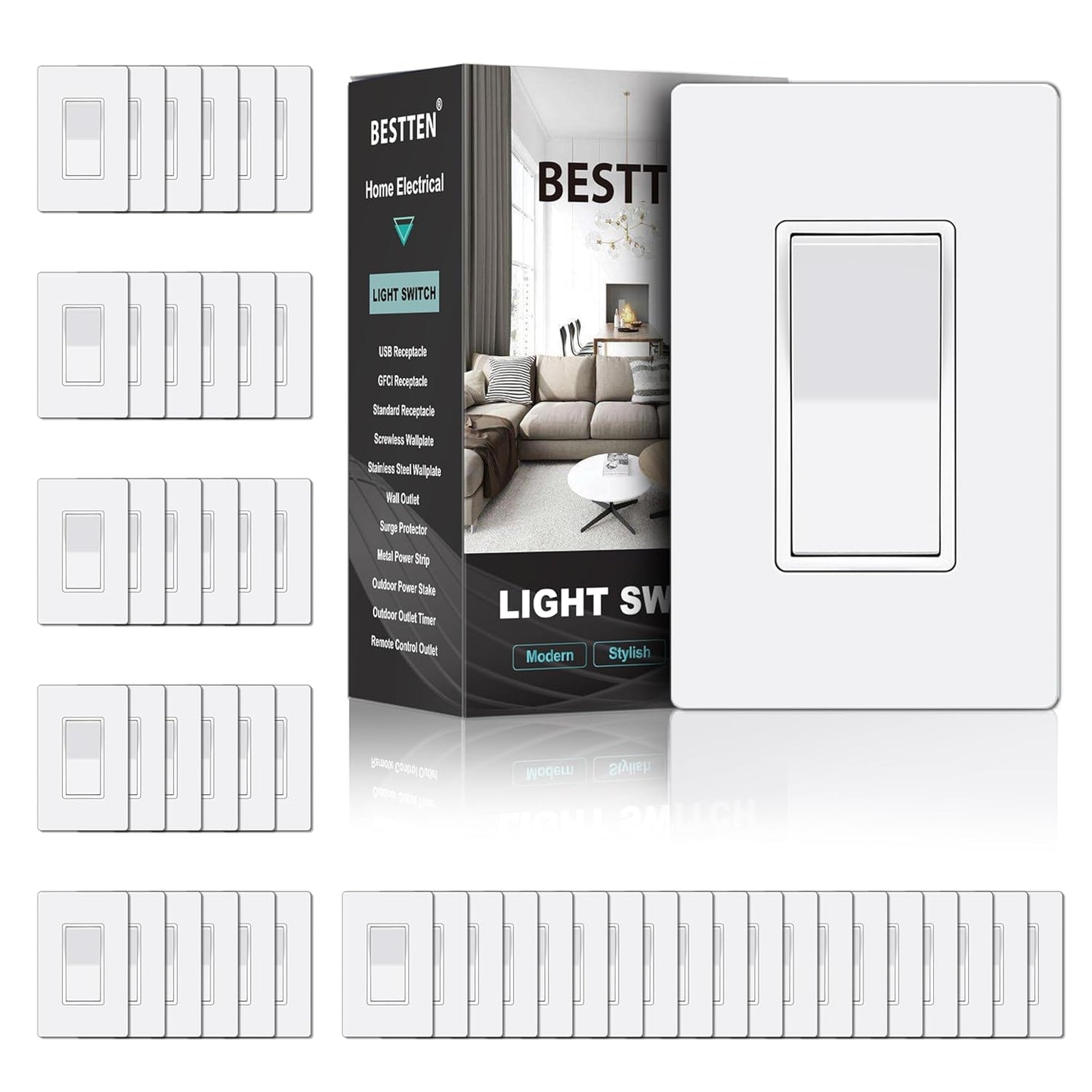 BESTTEN 50 Pack Single Pole Decorator Light Switch with Wall Plate
