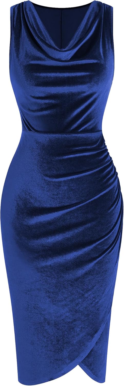 Elegant Velvet Cocktail Dresses for Women - Cowl Neck Midi Style
