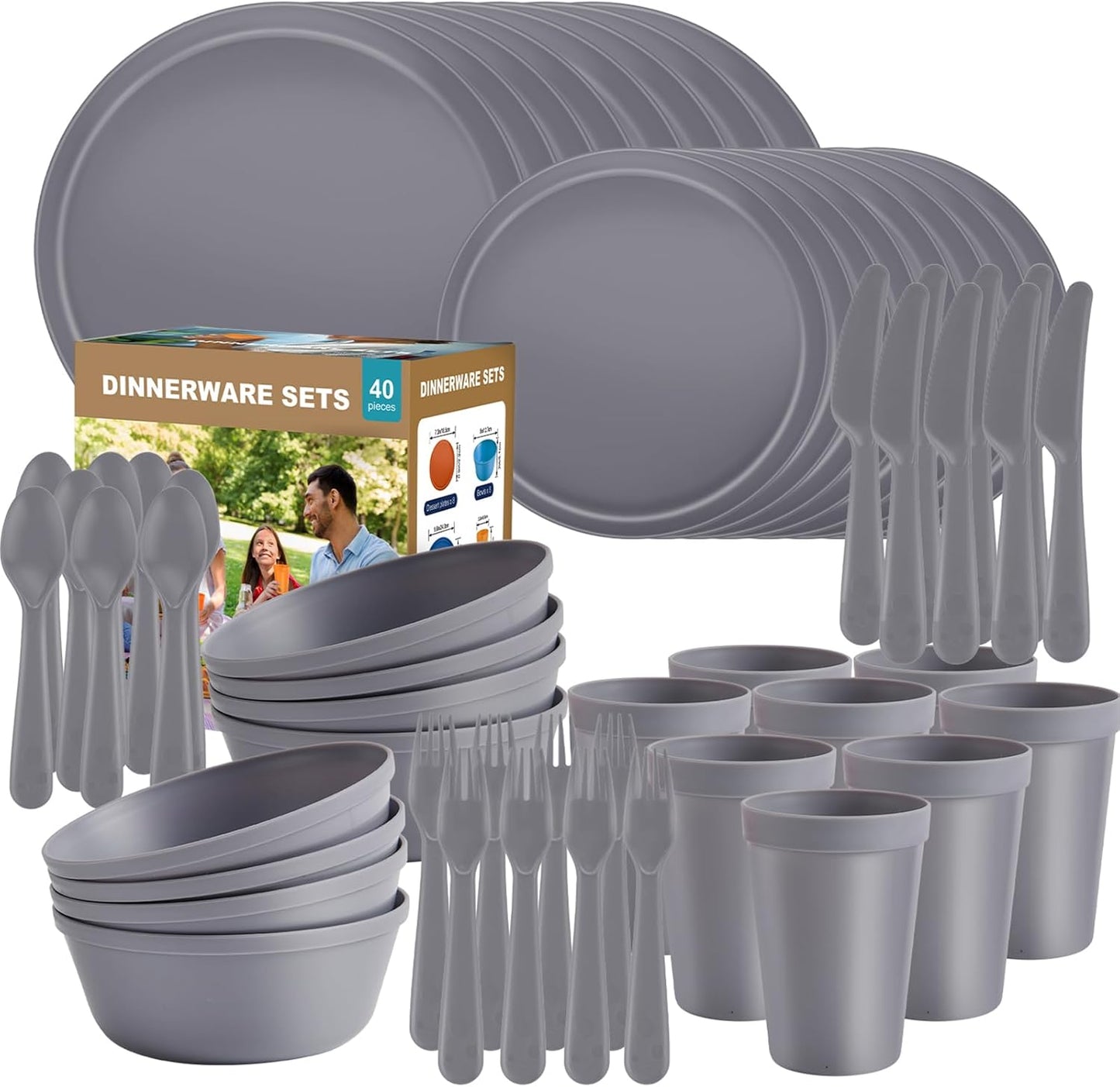 Plastic Dinnerware Sets 40-Piece Gray Plates and Bowls for 8