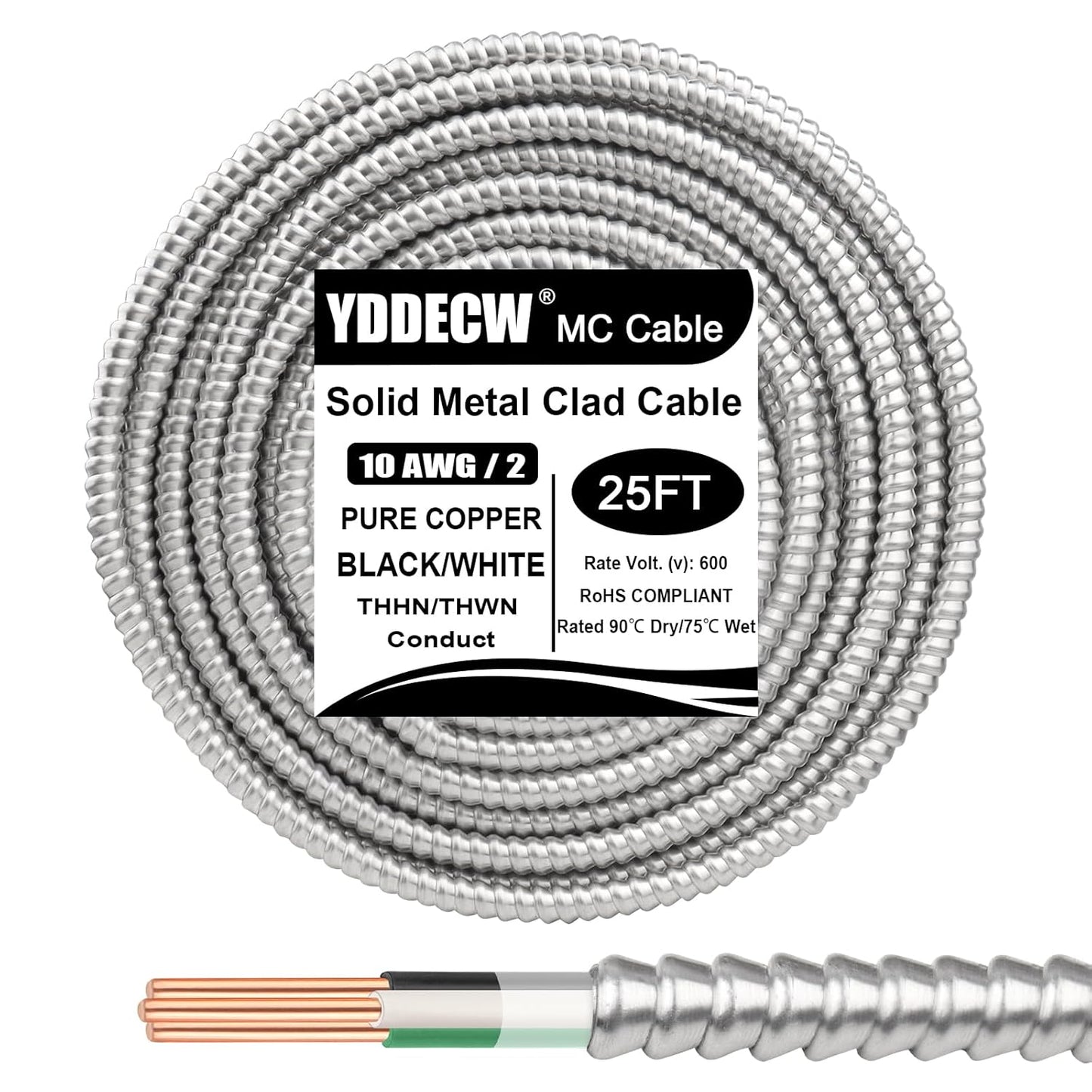 25ft 10/2 Metal Clad Cable with Ground for Outdoor Use