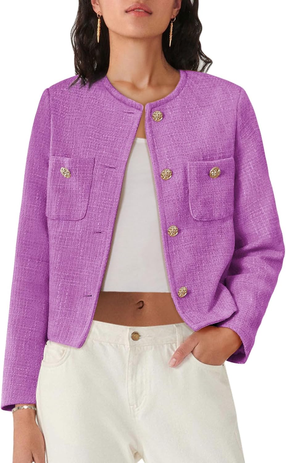 Women's Tweed Blazers Long Sleeve Casual Cropped Jacket