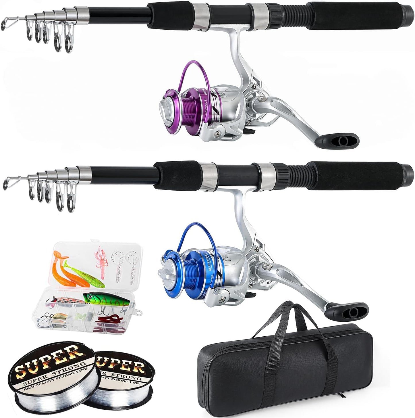 Carbon Fiber Fishing Set, Portable 2Pcs Rods & Reels Combo