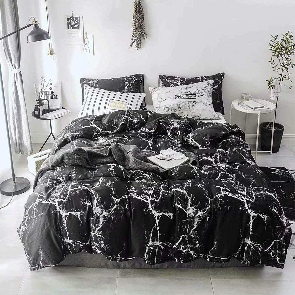 Black Grey White Queen Comforter Set 3Pcs Abstract Marble Design