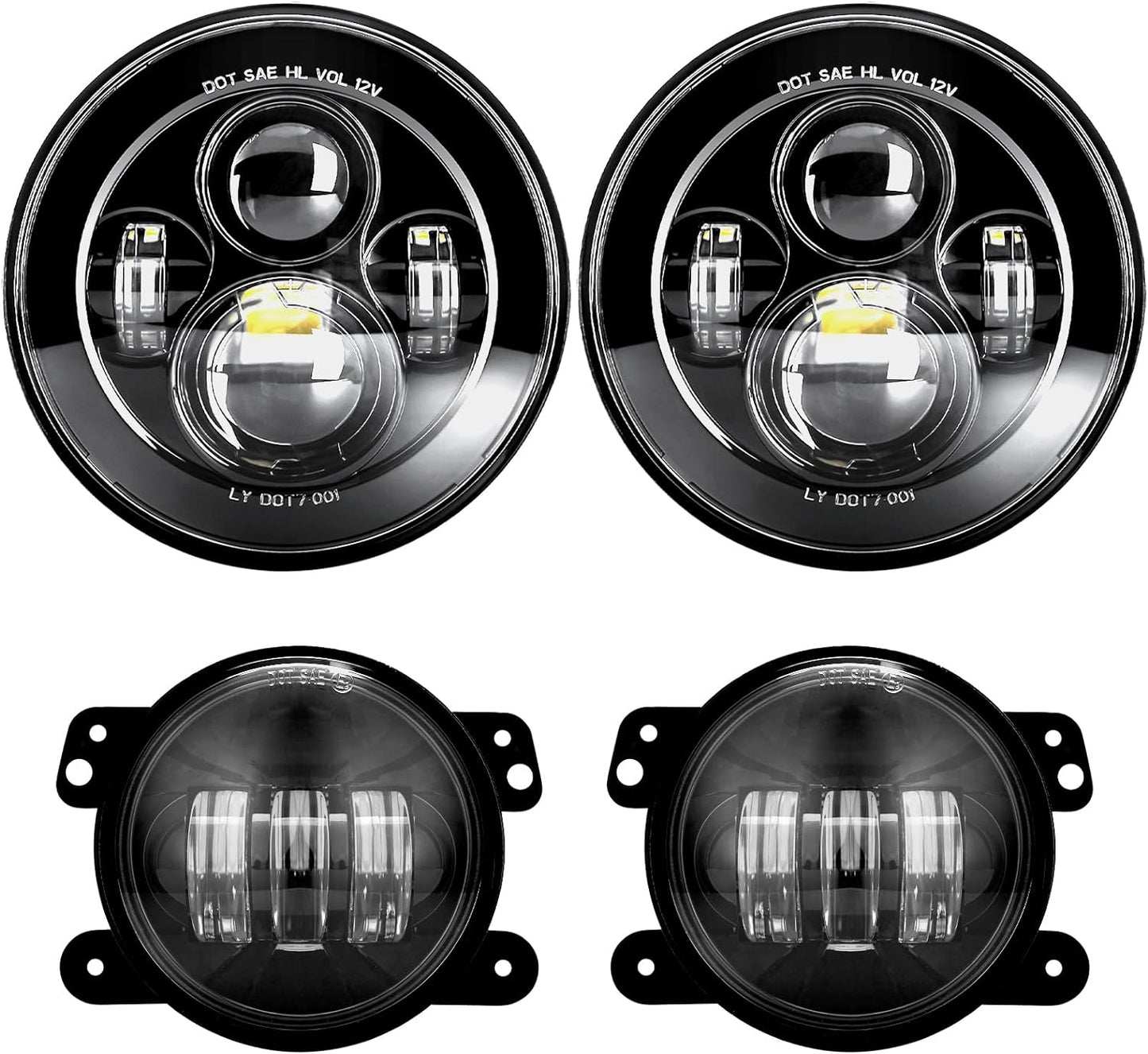 LX-LIGHT 7 Inch Black LED Headlights & 4 Inch Fog Lights Set