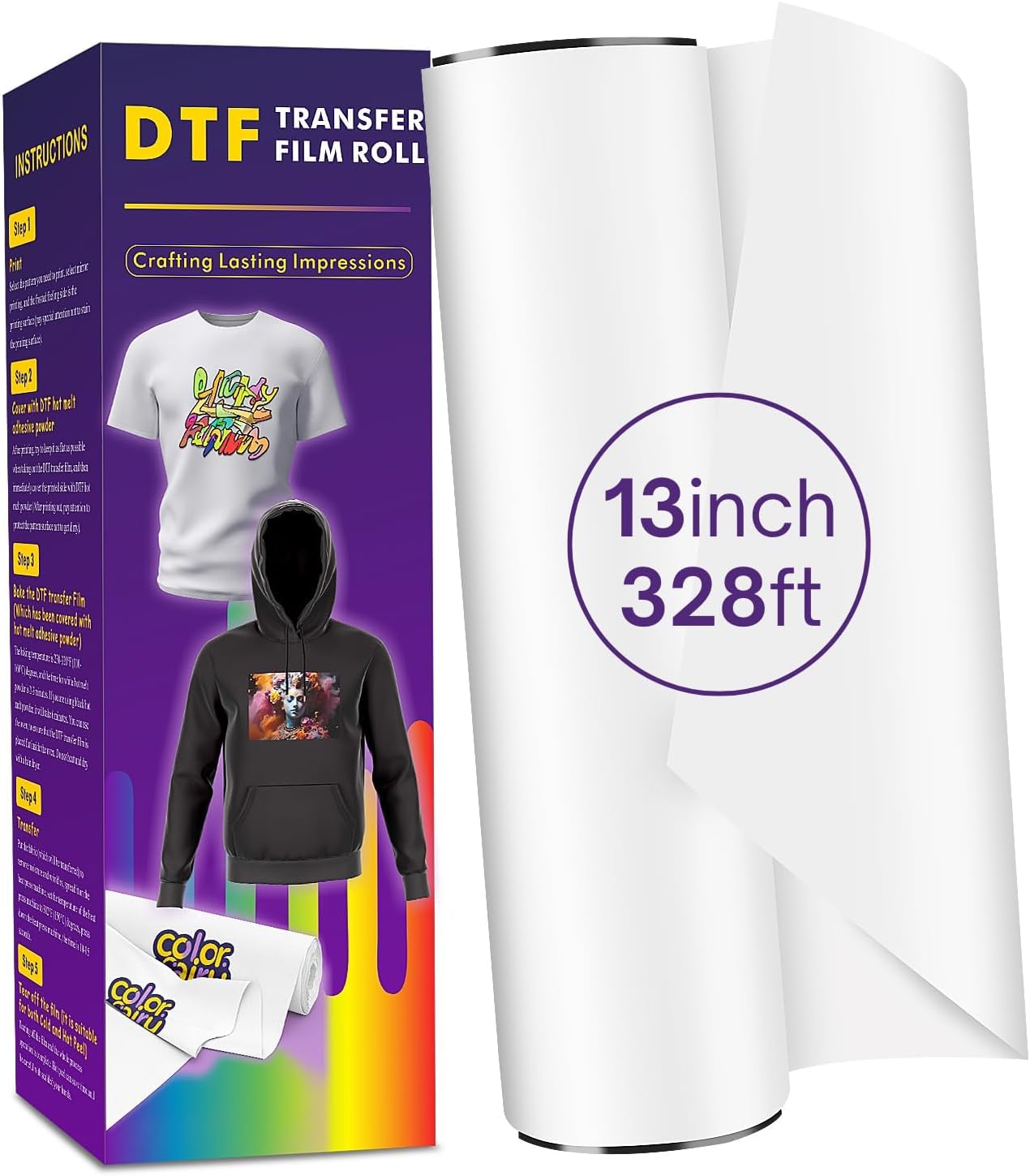 Colorfairy DTF Transfer Film Roll 13in x 328ft for T-Shirts
