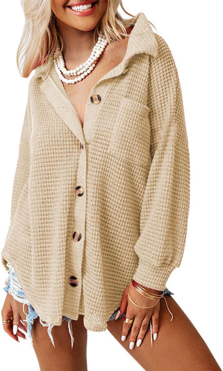 Dokotoo Womens Waffle Knit Shacket Jacket for Casual Style