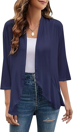 Yekaty Women Cardigan 3/4 Sleeves Open Front Lightweight Knit