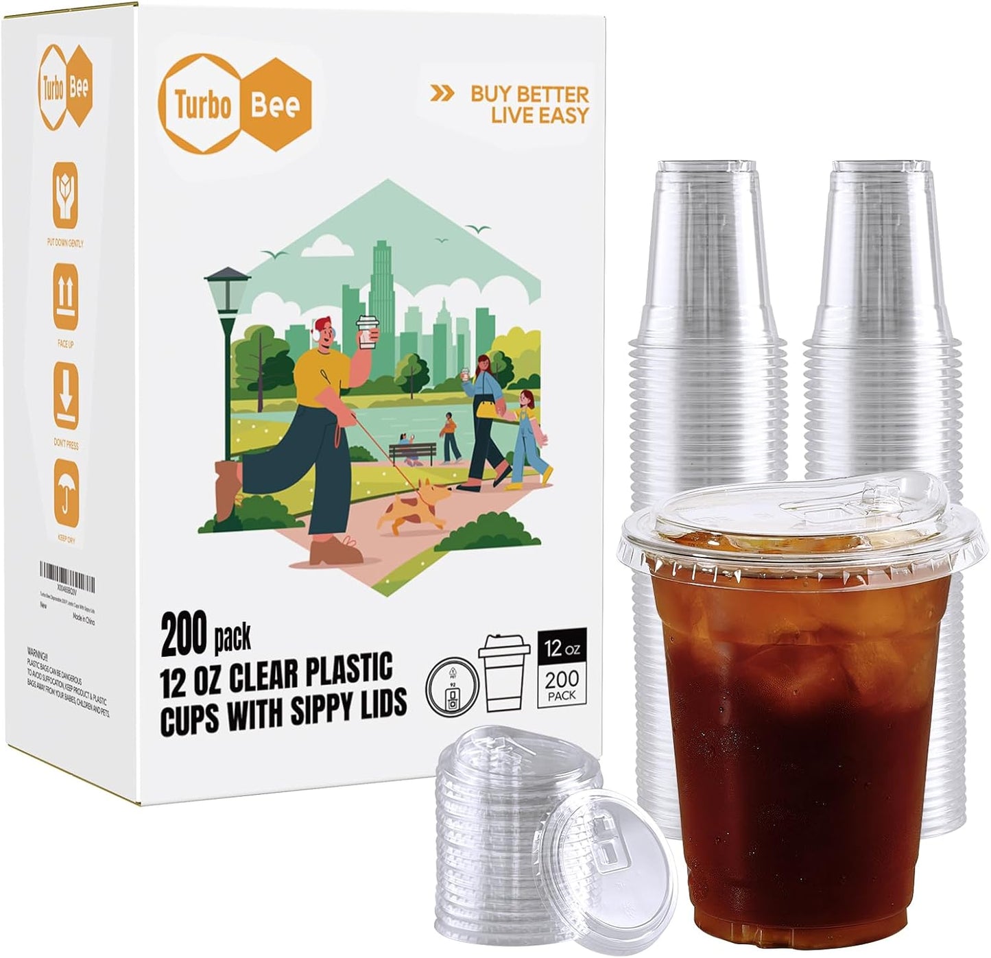 Turbo Bee 12 OZ Clear Plastic Cups with Strawless Sip Lids