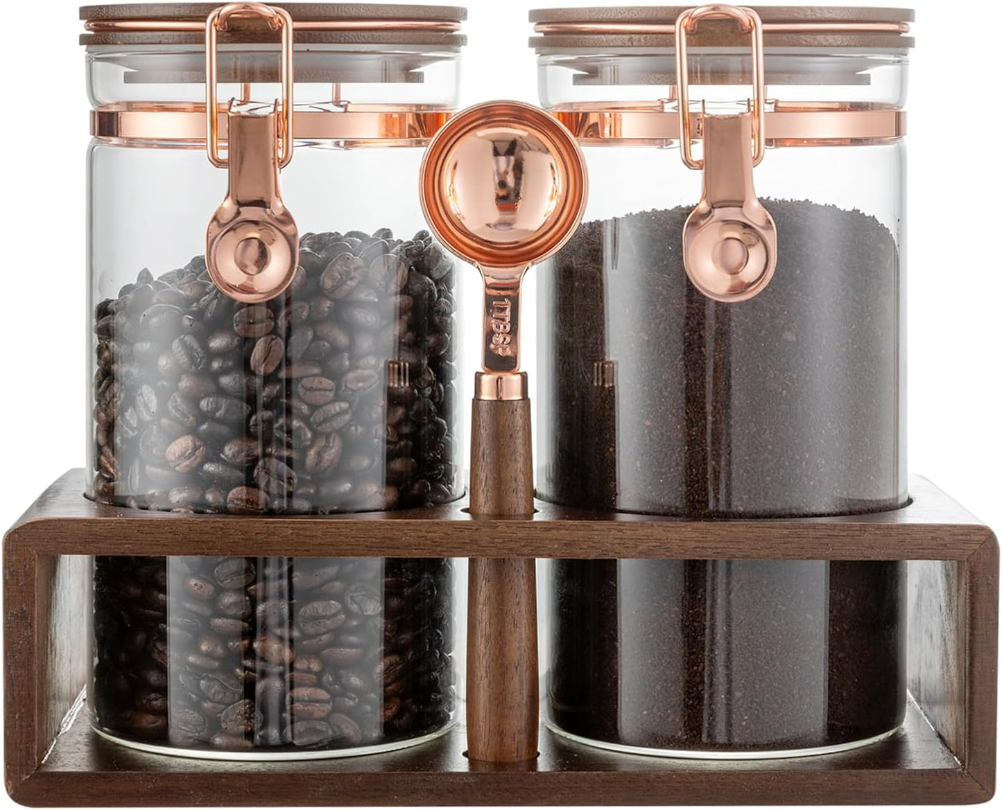 Glass Coffee Canister Set with Shelf and Spoon for Storage