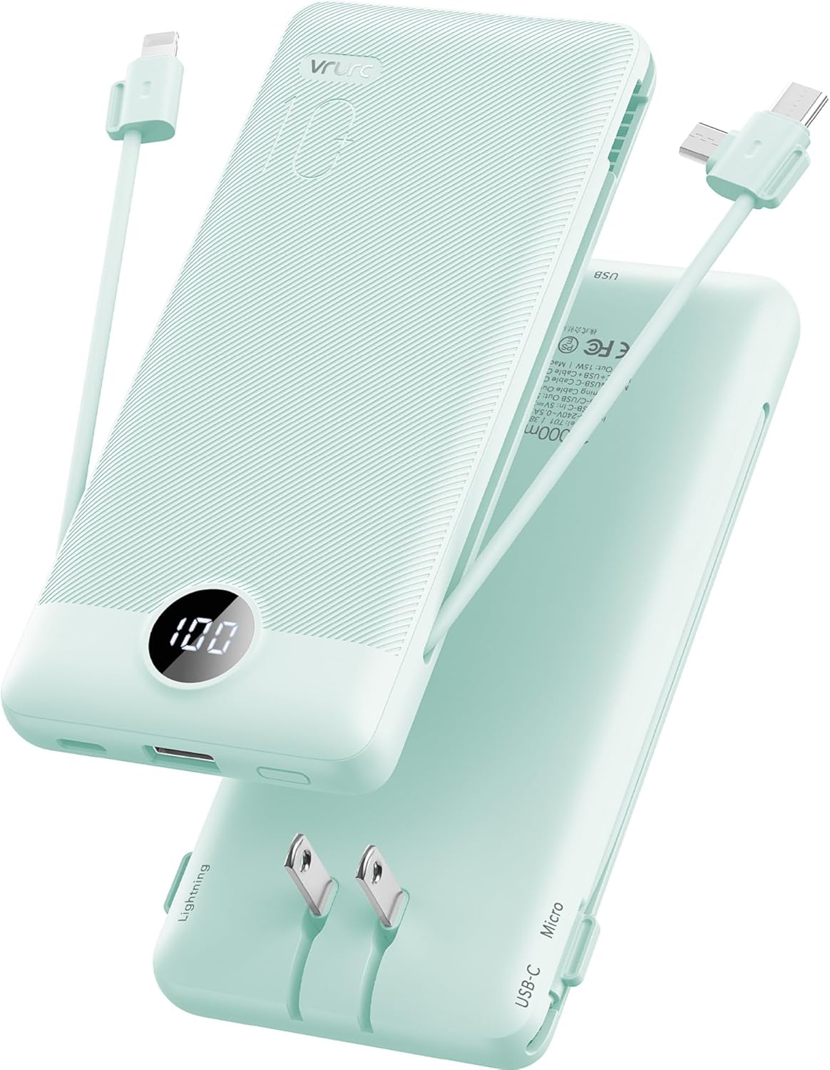 VRURC 10000mAh Portable Charger with Built-in Cables - Green