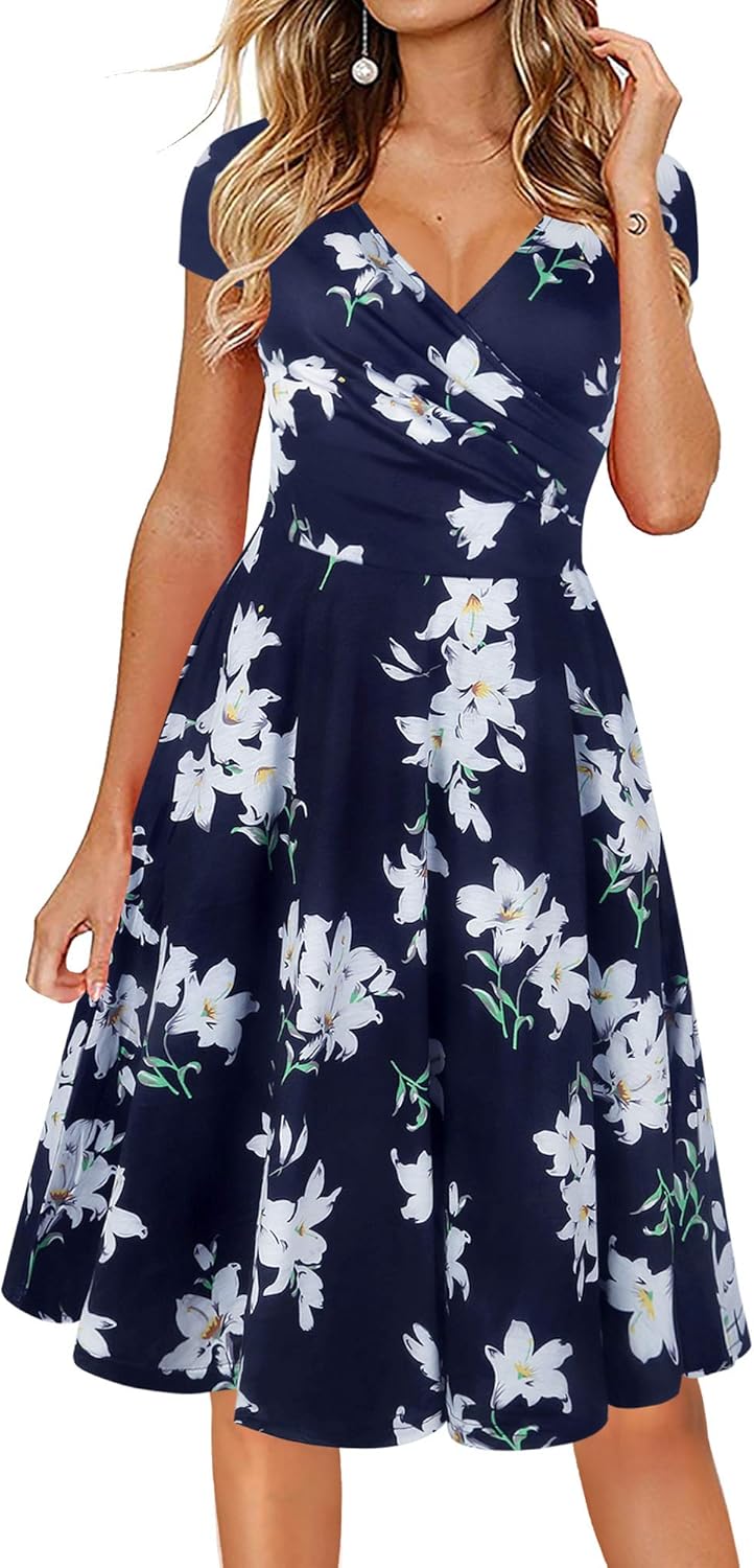 Oxiuly Women's Cap Sleeve Summer Casual Floral Vacation Dress