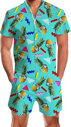 Goodstoworld Male Hawaiian Romper Slim Fit Jumpsuit with Pocket