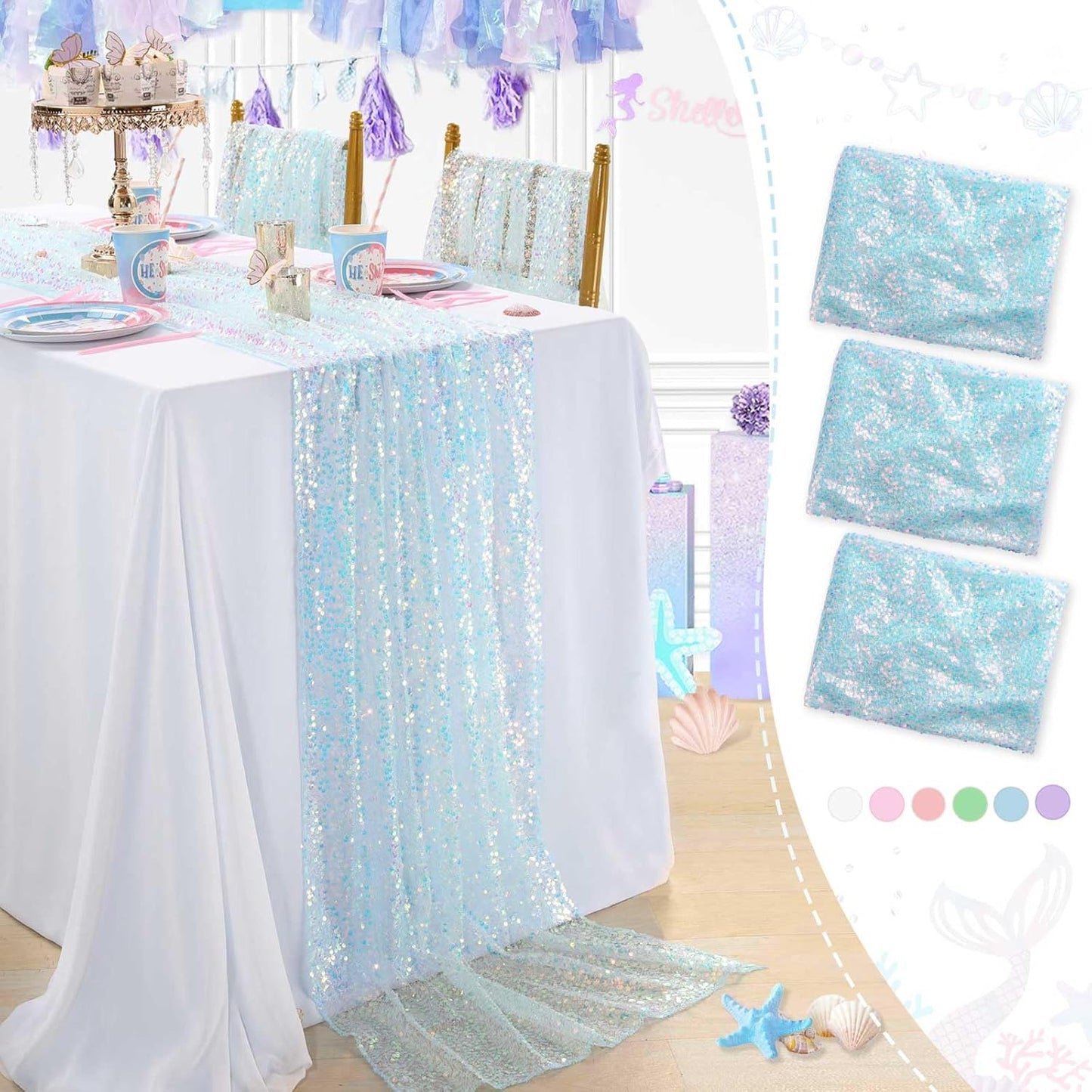 QueenDream Blue Sequin Table Runners for Birthday Parties
