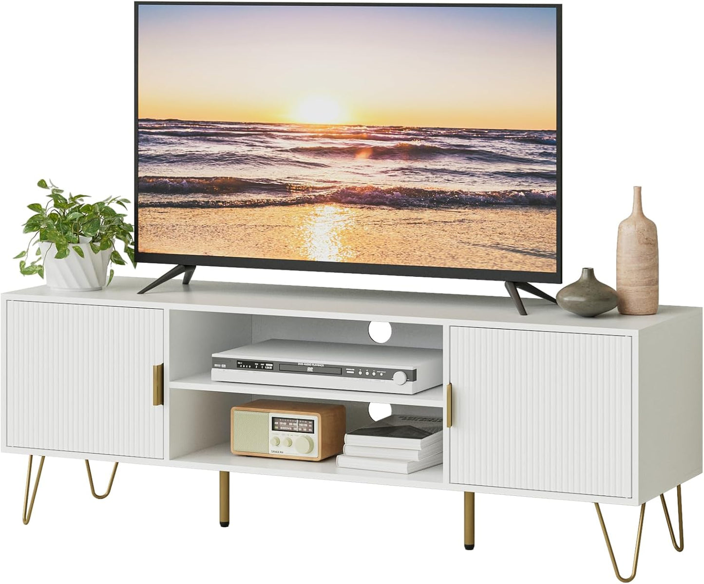 White TV Stand w/ Soft Hinge Doors & Gold Accents