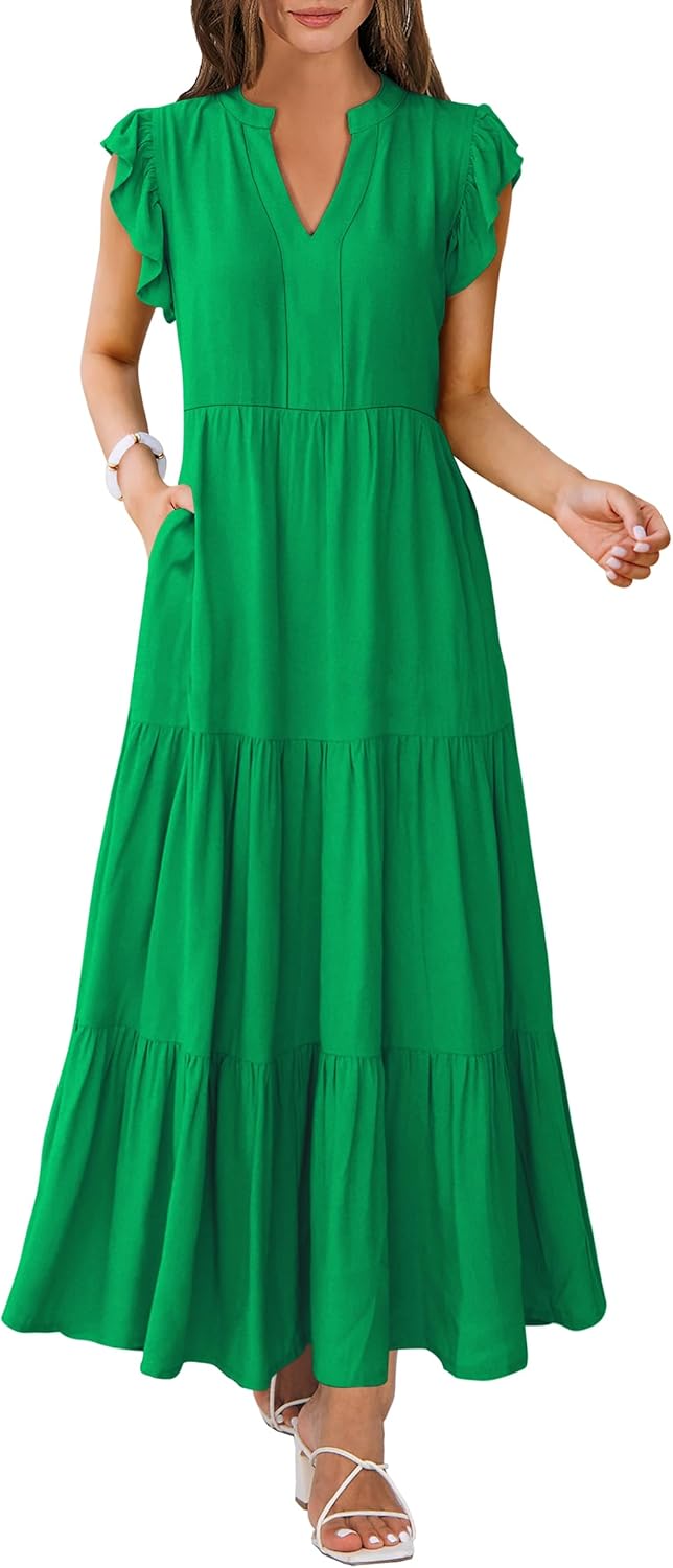 Womens Summer Casual Maxi Dress with Ruffle Sleeves and V Neck