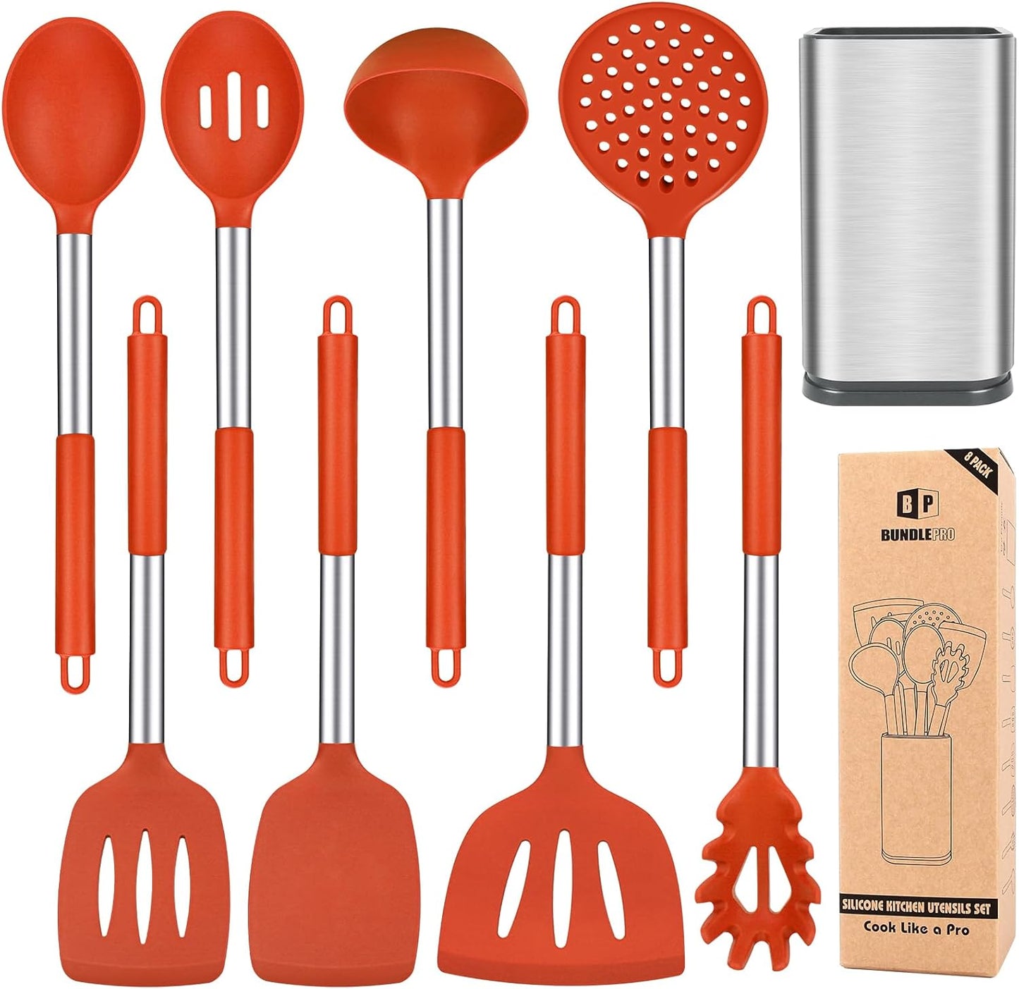 Silicone Cooking Utensil Set with Stainless Steel Handle for Kitchen