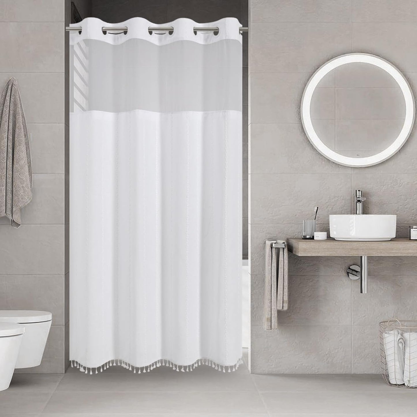 No Hook Stall Shower Curtain with Snap-in Liner for Modern Bathrooms
