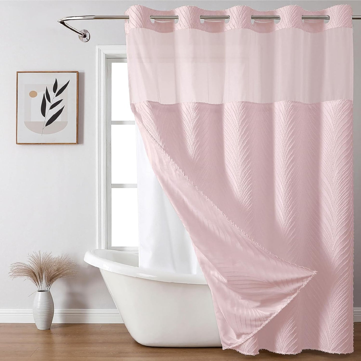 Boho Style No Hook Shower Curtain and Liner Set in Pink