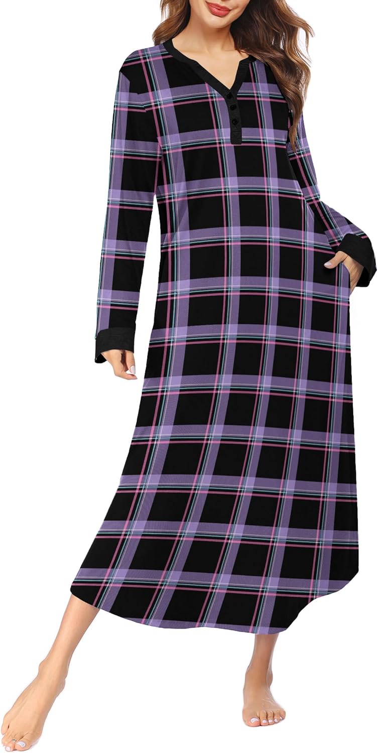 Ekouaer Womens Nightgown Long Loungewear V Neck Nightshirt