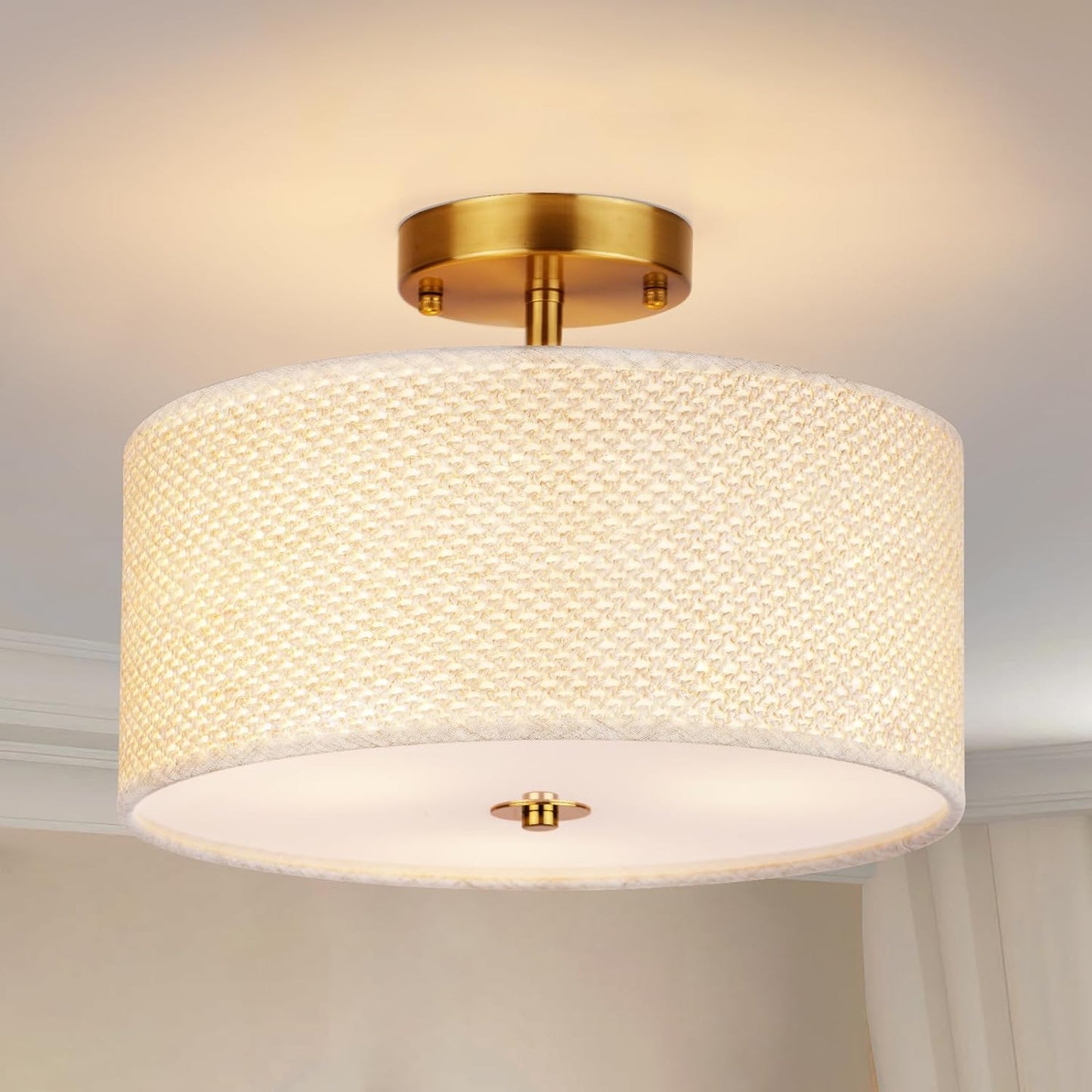 13in Boho Rattan-Style Semi Flush Mount Ceiling Light Fixture