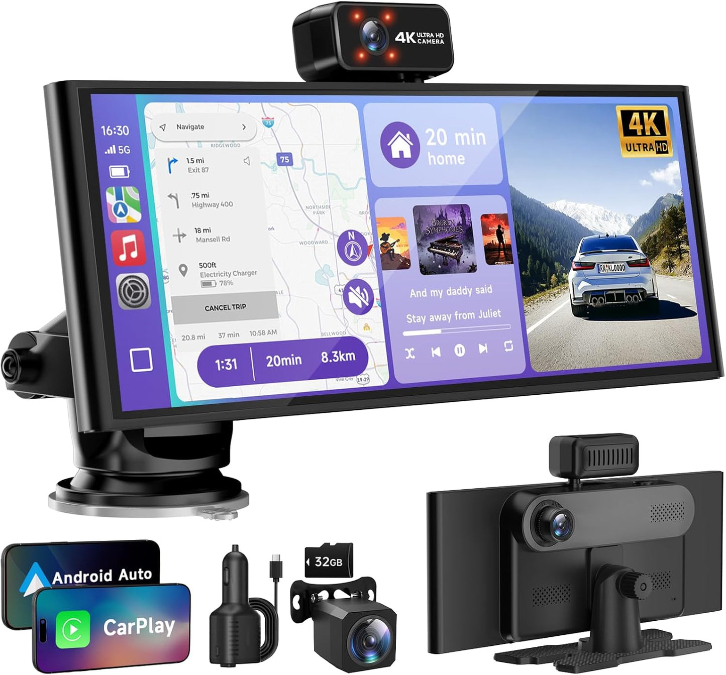 10.26 CarPlay Screen with 3-Channel Dash Cam for Smart Driving