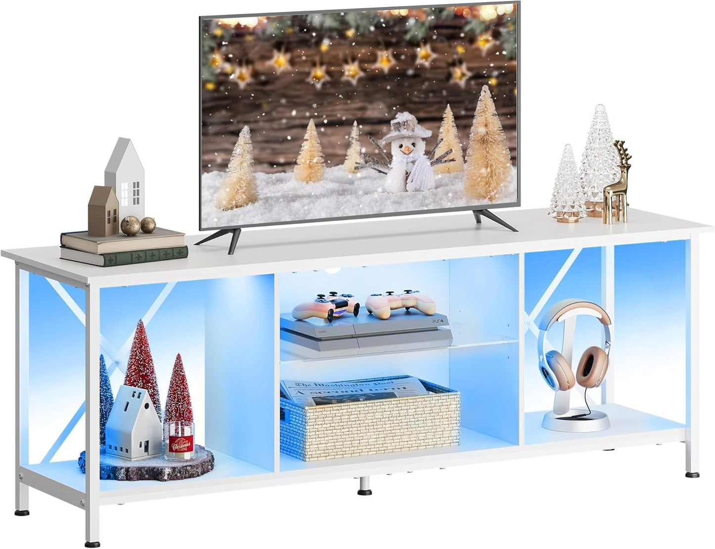 Industrial TV Stand with LED & Glass Shelf, Fits 65 TV, White