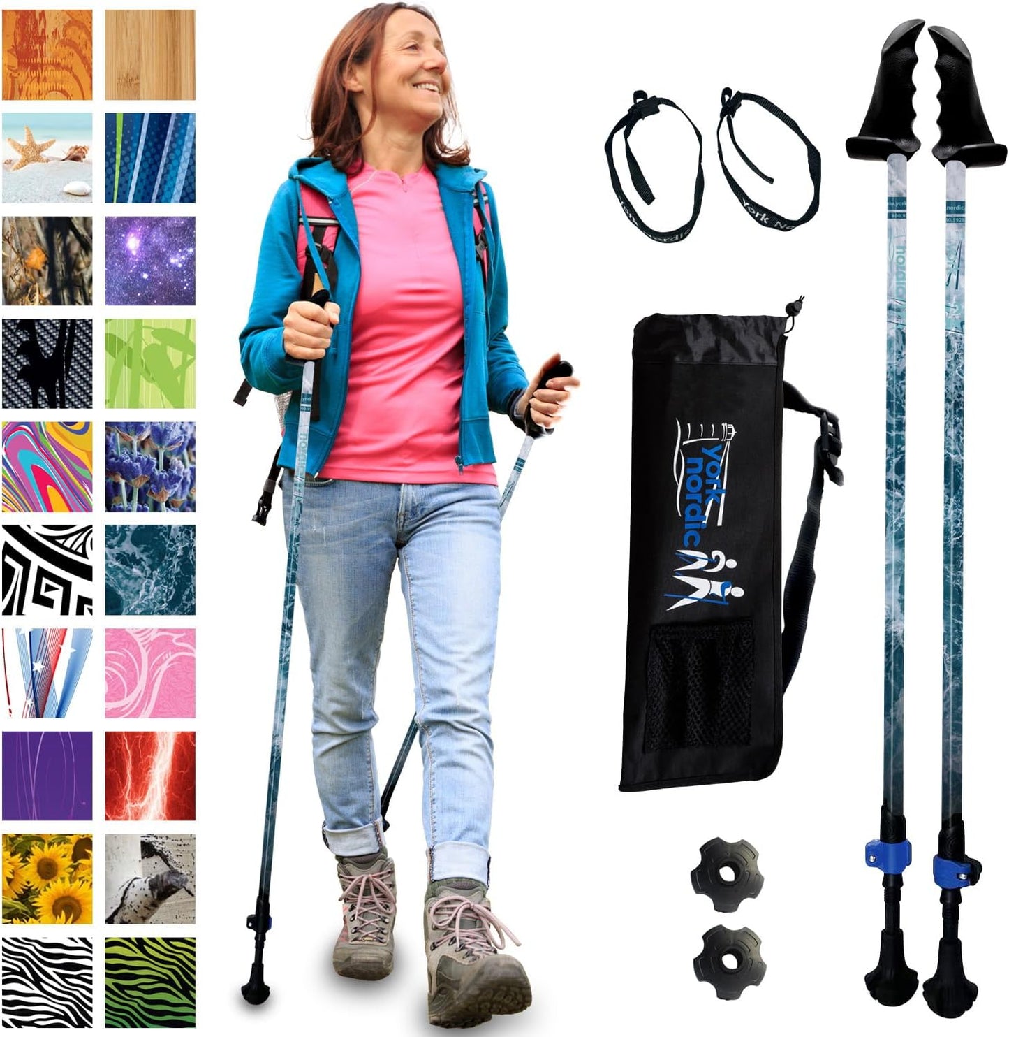 York Nordic Adjustable Walking Poles - Patented Stability Grips - Rehab & Balance - Lightweight