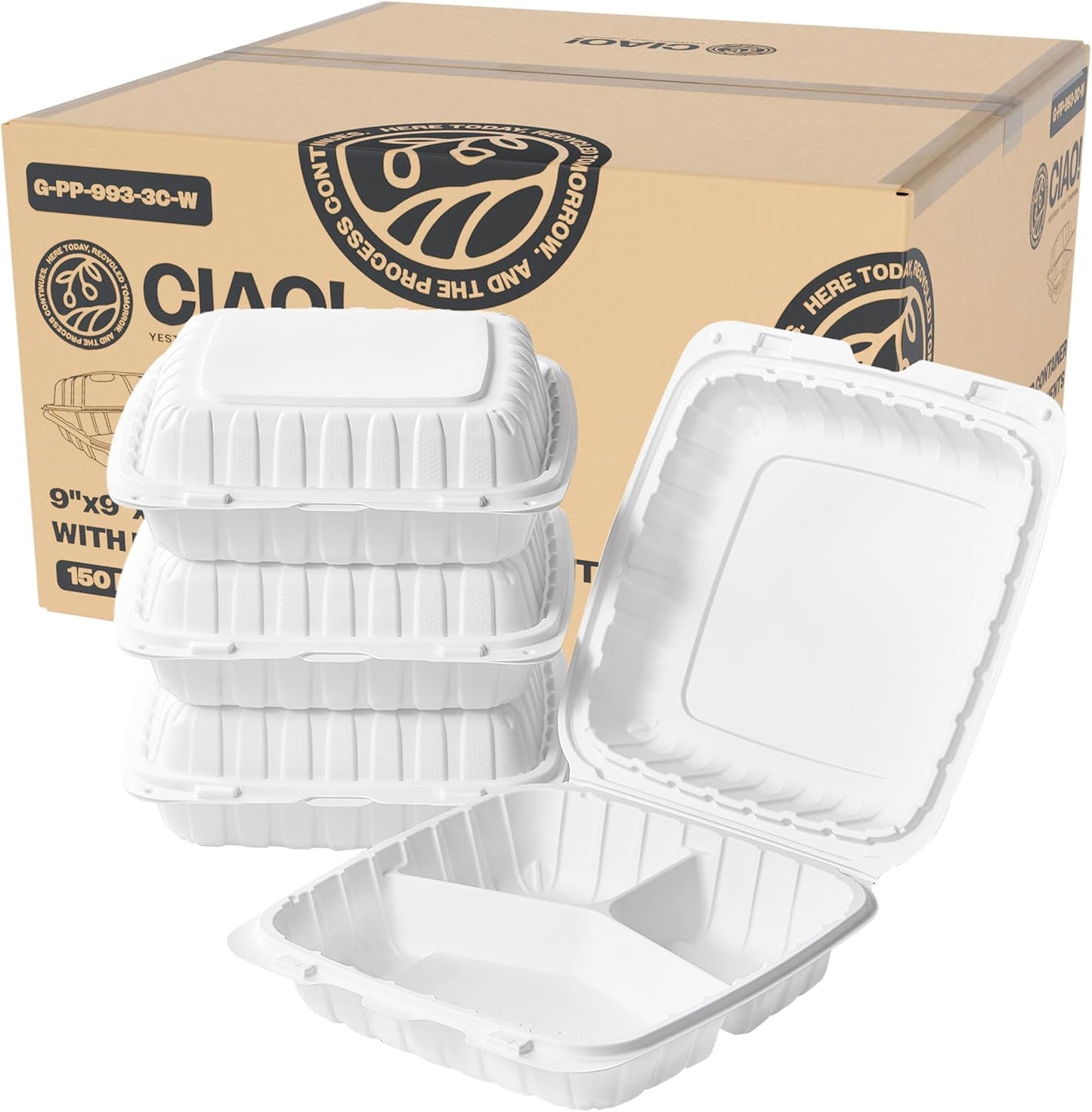 CIAO! 9x9x3 MFPP White Hinged Container for Takeout Meals
