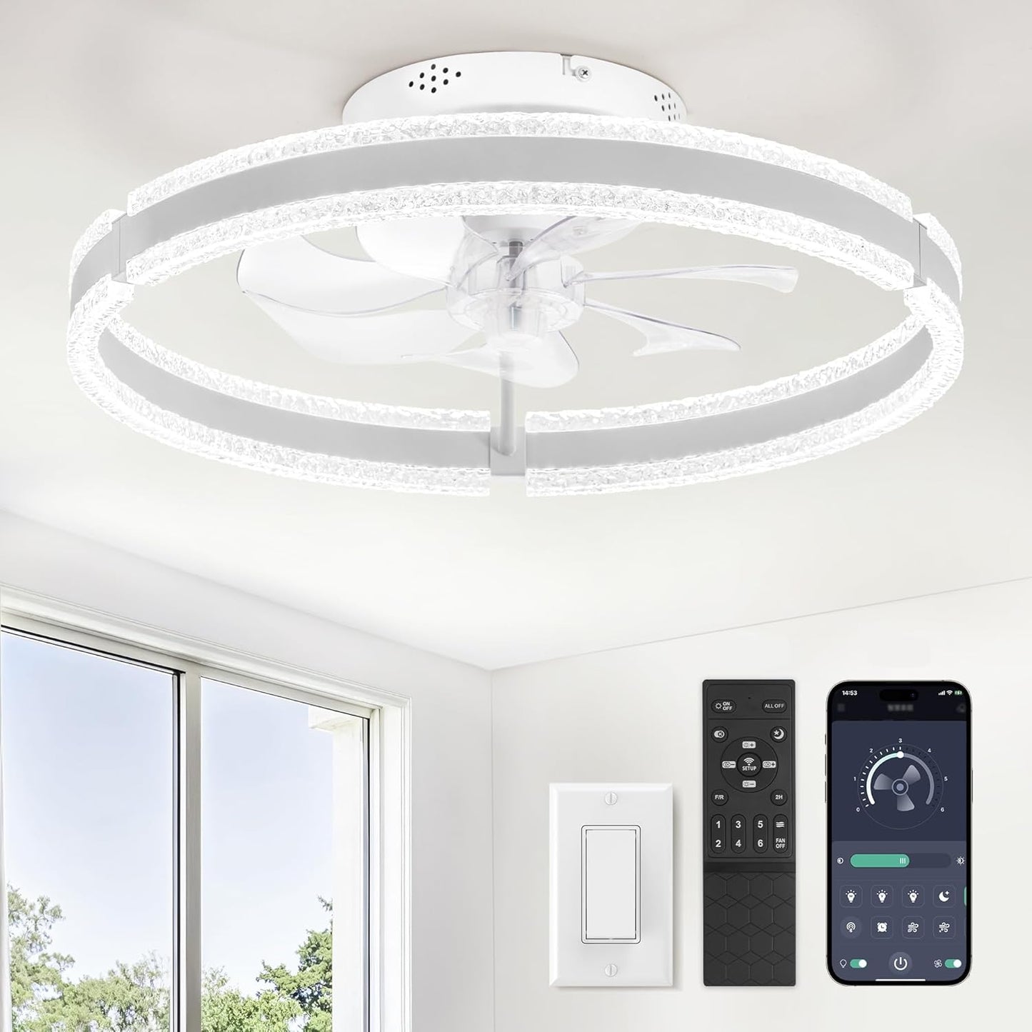 LEDIARY 20ft' Low Profile Ceiling Fan with Lights and Remote Control