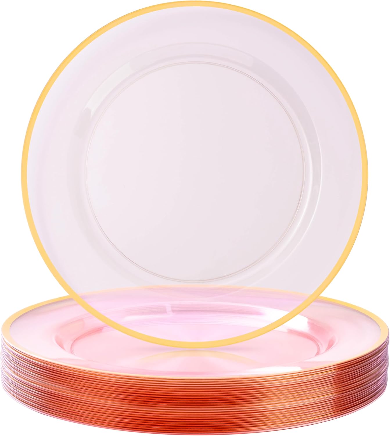 25 Pack Clear Pink Disposable Charger Plates - Elegant Table Decor for Party, Wedding - GOLD RIM