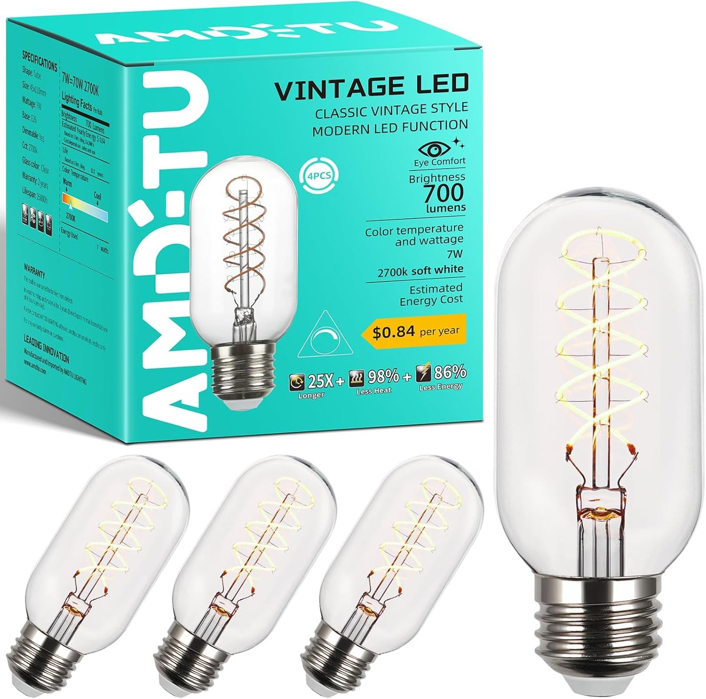 Ultra Filament Spiral LED Edison Bulb 7W, 700 Lumens E26 Base