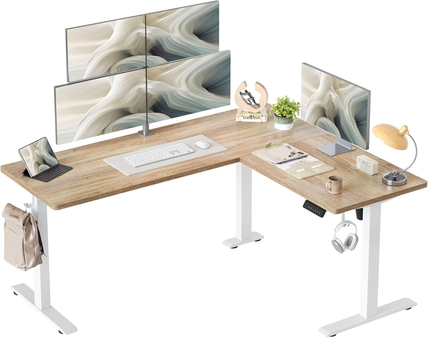 Electric L-Shaped Standing Desk, Adjustable Height, 63x55 inch, Maple